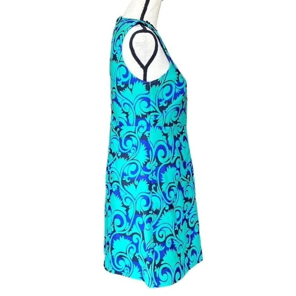 Stunning Sleeveless Beaded Collar Dress Bold Blue Teal Print A-Line‎ Women 4